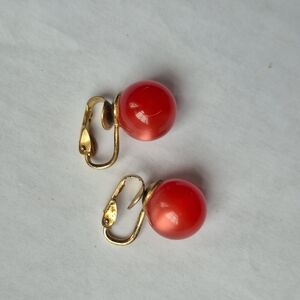 Cherry Moonstone Clip-On Earrings Vintage Opalescent Pink Red Stones